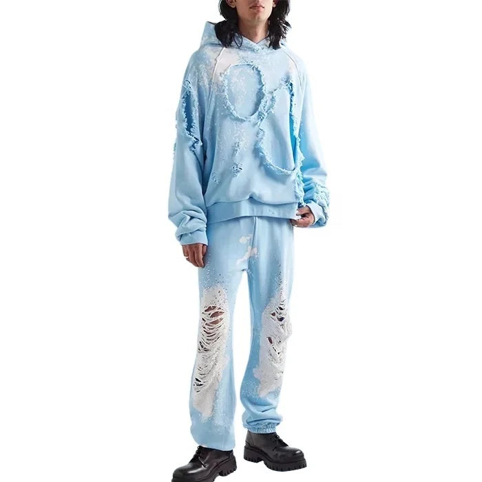Private Tag Streetwear Heavy Cotton Printed Men Stone Washed Distressed 2 Layered Hoodie Wholesale Hoodies Oversized Sweatsuit