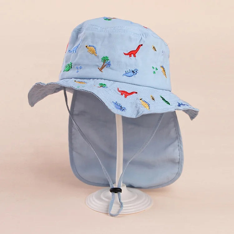 WD-A66  Wholesale Child Colorful Dinosaur Embroidered Cowl Bucket Hats With String Kids Bucket Hats