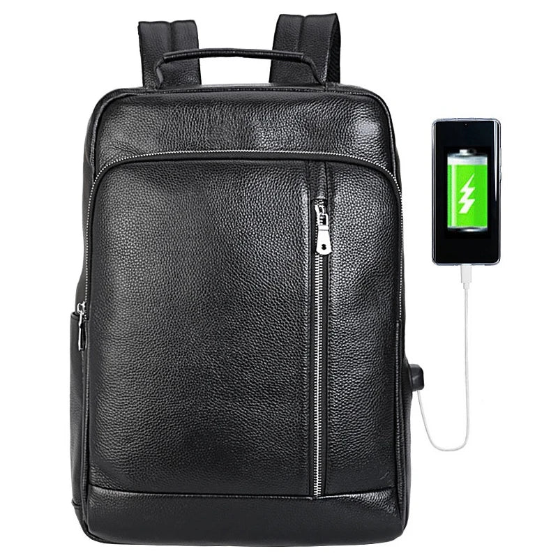 Tiding Custom Logo Black  'Geniune' Leather Usb Charger Backpack School Leather Back Bag for Man