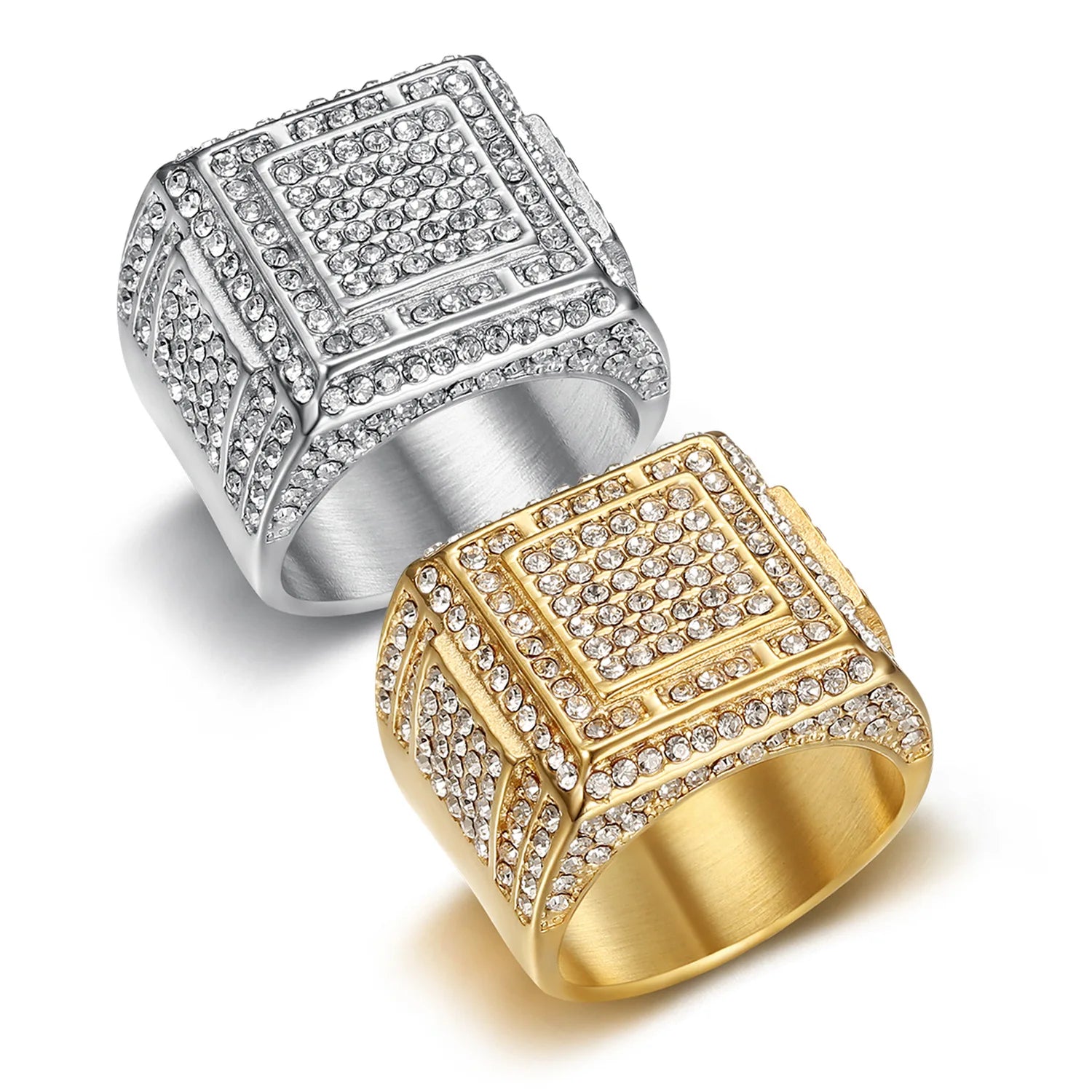 Unisex Stainless Steel Square Signet Ring Fashion Zircon Nightclub Hip Hop Jewelry Gold Plated Christian Religious Wholesale