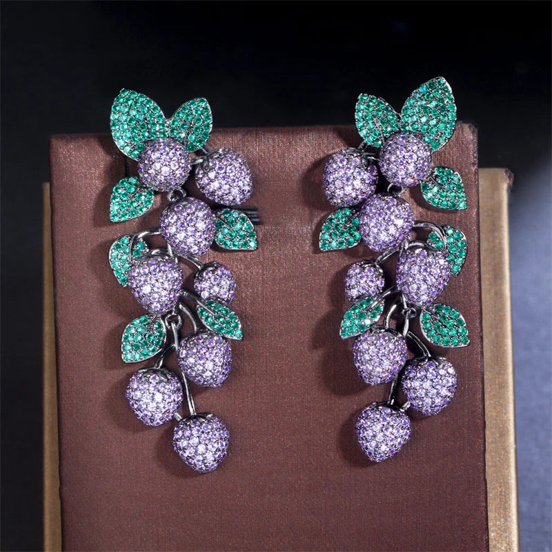 Bling Bling Green Leaf Purple Grape Cluster Dangling Long Drop Earrings Women Cubic Zirconia Party Prom New Trend Fruit Jewelry