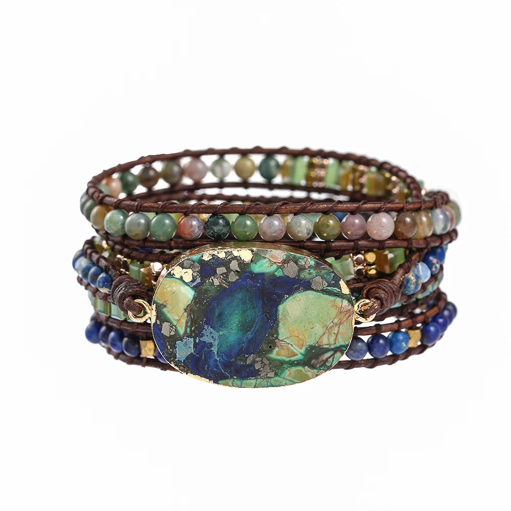 Blue Green Imperial Jasper Wrap Bracelet for Women Indian Agate Lapis Lazuli Natural Stone Beaded Bracelet Handmade Boho Jewelry