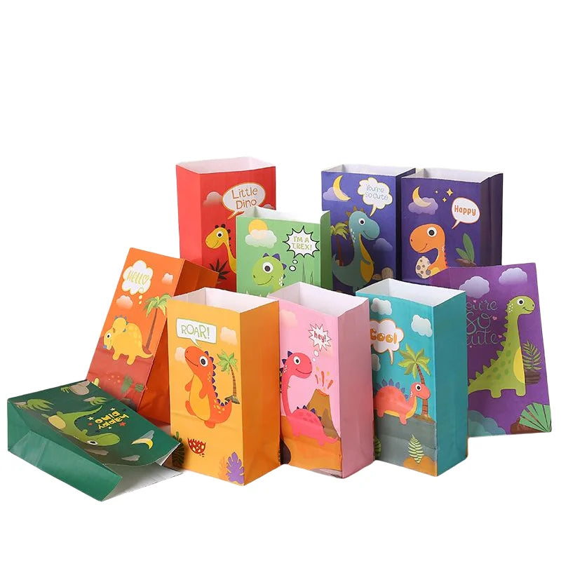 Cartoon Dinosaur Gift Bag With Stickers Kraft Paper Cookie Candy Packaging Bag Jungle Dinosaur Birthday Party Decorations