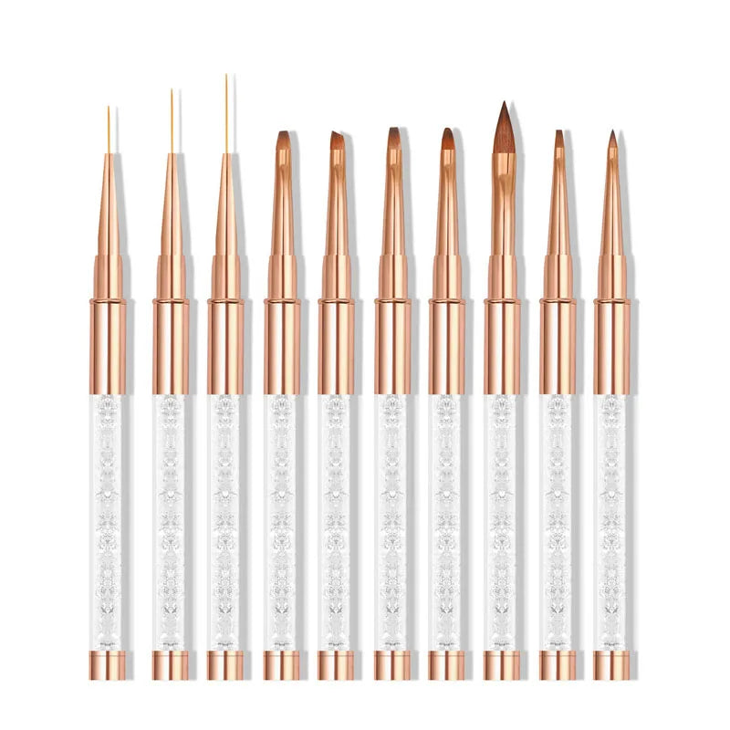 Wholesale Nylon Nail Art Brush Set Professional UV Gel Polish Brush for Nails 3D Oval Flat Liner Brush with Rhinestones Handle