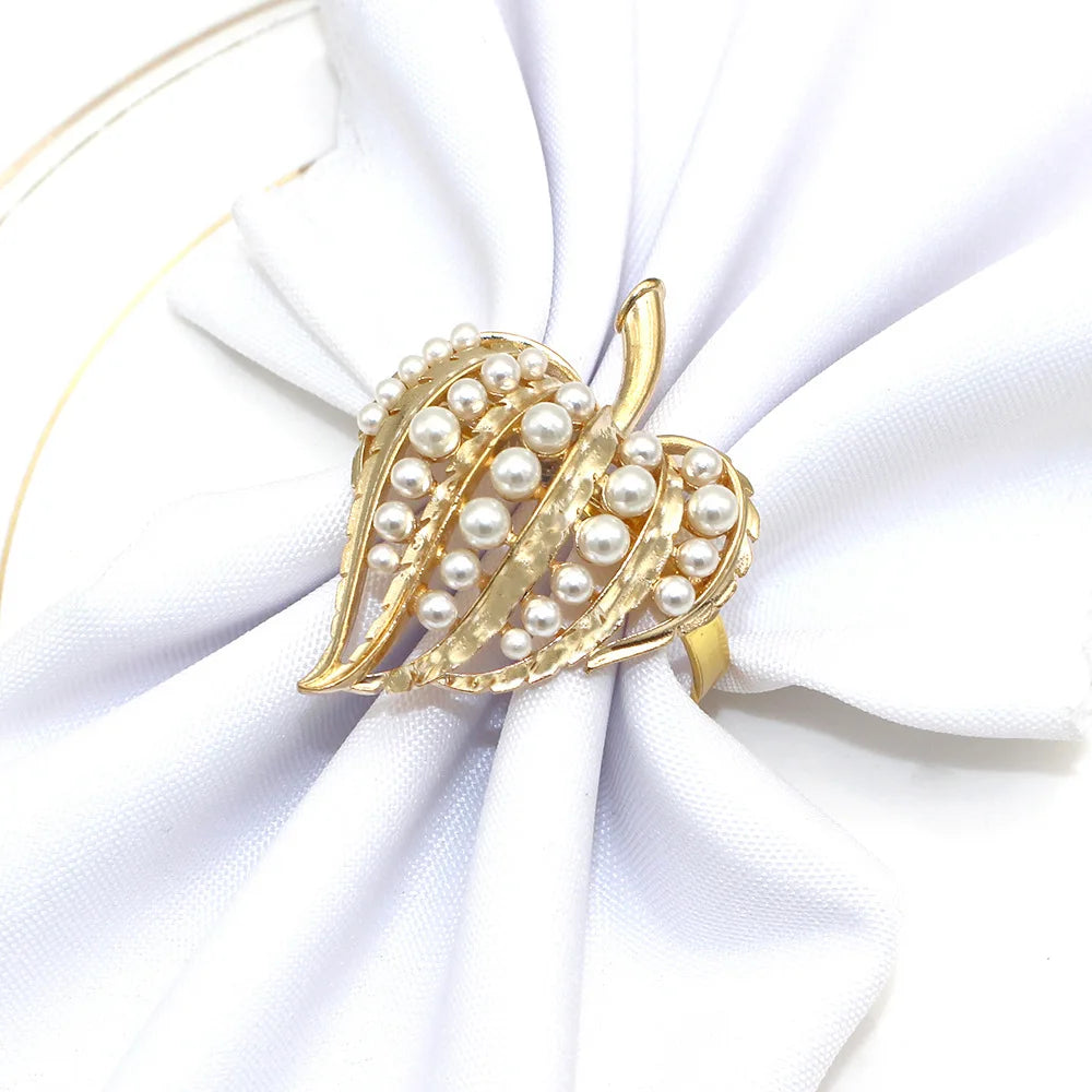 Gold Pearl Heart-Shaped Napkin Rings Table Accessories Metal & Rhinestone for Wedding Table Decoration & Leaf Holder
