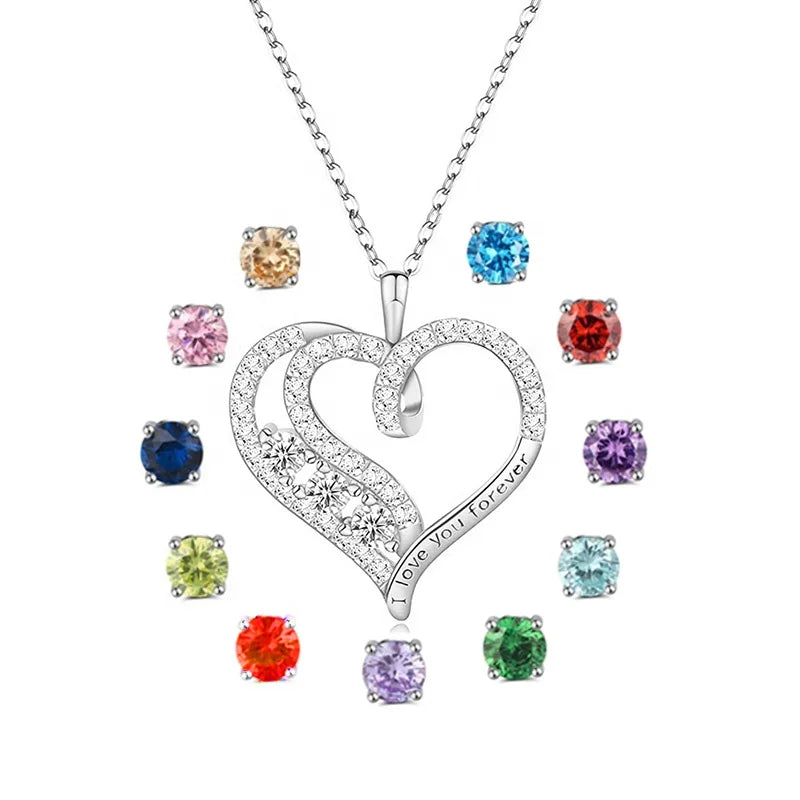 GP111 Forever Love Heart Pendant Necklaces for Women 925 Sterling Silver with Birthstone Zirconia Jewelry Gift for Women Girls