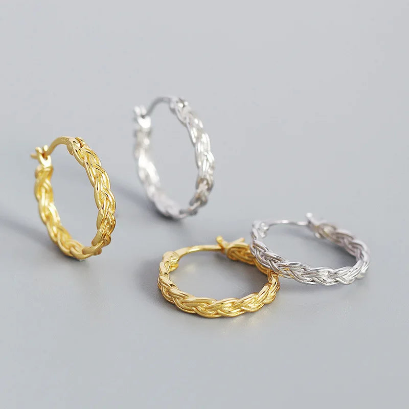 2022 NEW 925 Sterling Silver Plain Chunky Metallic Vintage Braided Chain Earrings Versatile Silver Hoop Earring