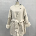 Wholesale Custom Warm Fluffy Faux Fur Collar and Cuff Lady Long Cashmere Coat Women Fur Jacket