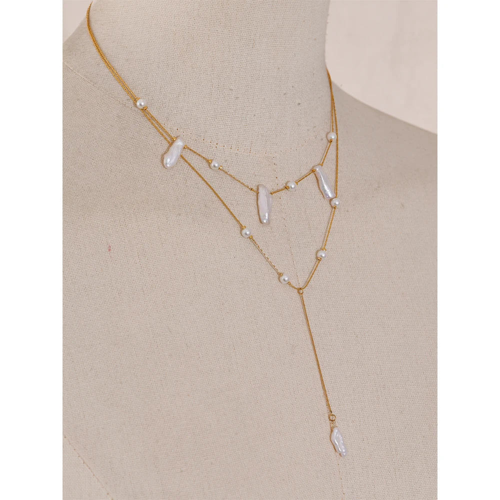Dainty Anti Tarnish Jewelry Imitation Barouque Pearl Necklace Waterproof Stainless Steel Y Lariat Necklace for Women Jewelry