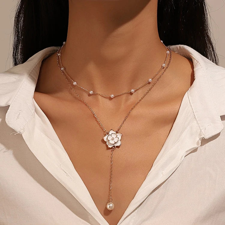 QW-131 Necklaces Jewelry for Women Double 2 Layers Metallic Alloy Tassel Pearl Camellia Flower Pendant Necklace