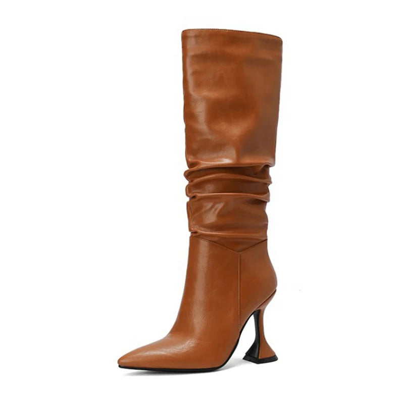 Pointed Toe Brown High Heel Winter Knee Boots for Women Plus Size 10cm Party Club Long Boot