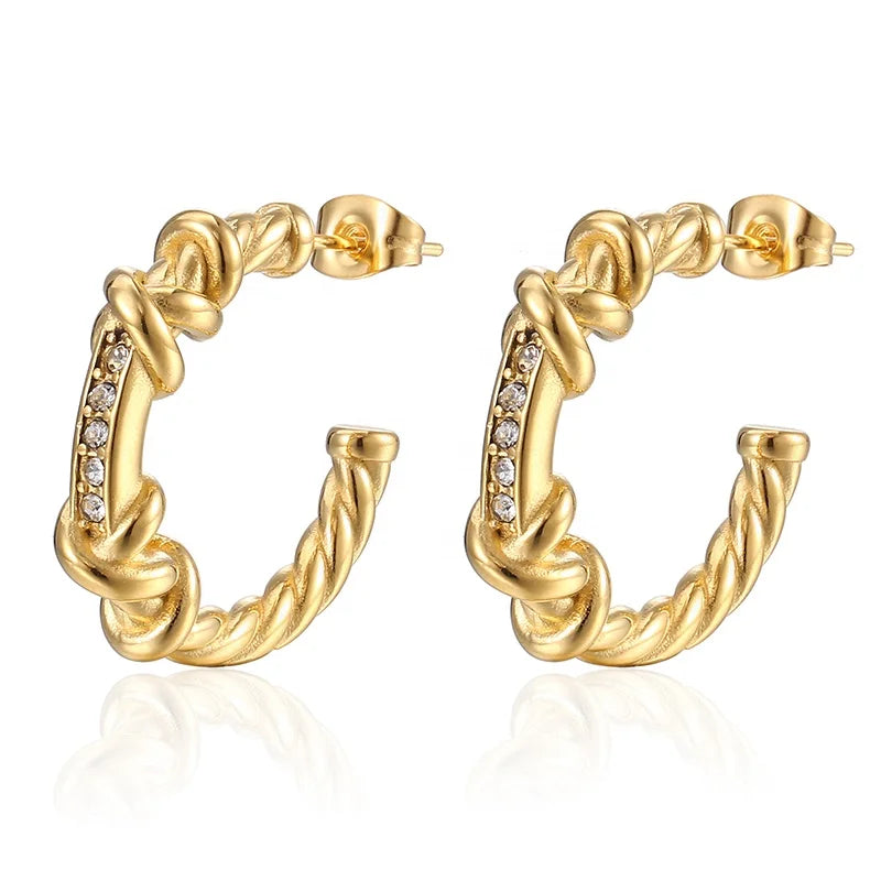 Wholesale Stainless Steel Jewelry 18K Gold Plated Twisted Twine Wire Rope Chain Star Stud Hoop Earrings With Stone