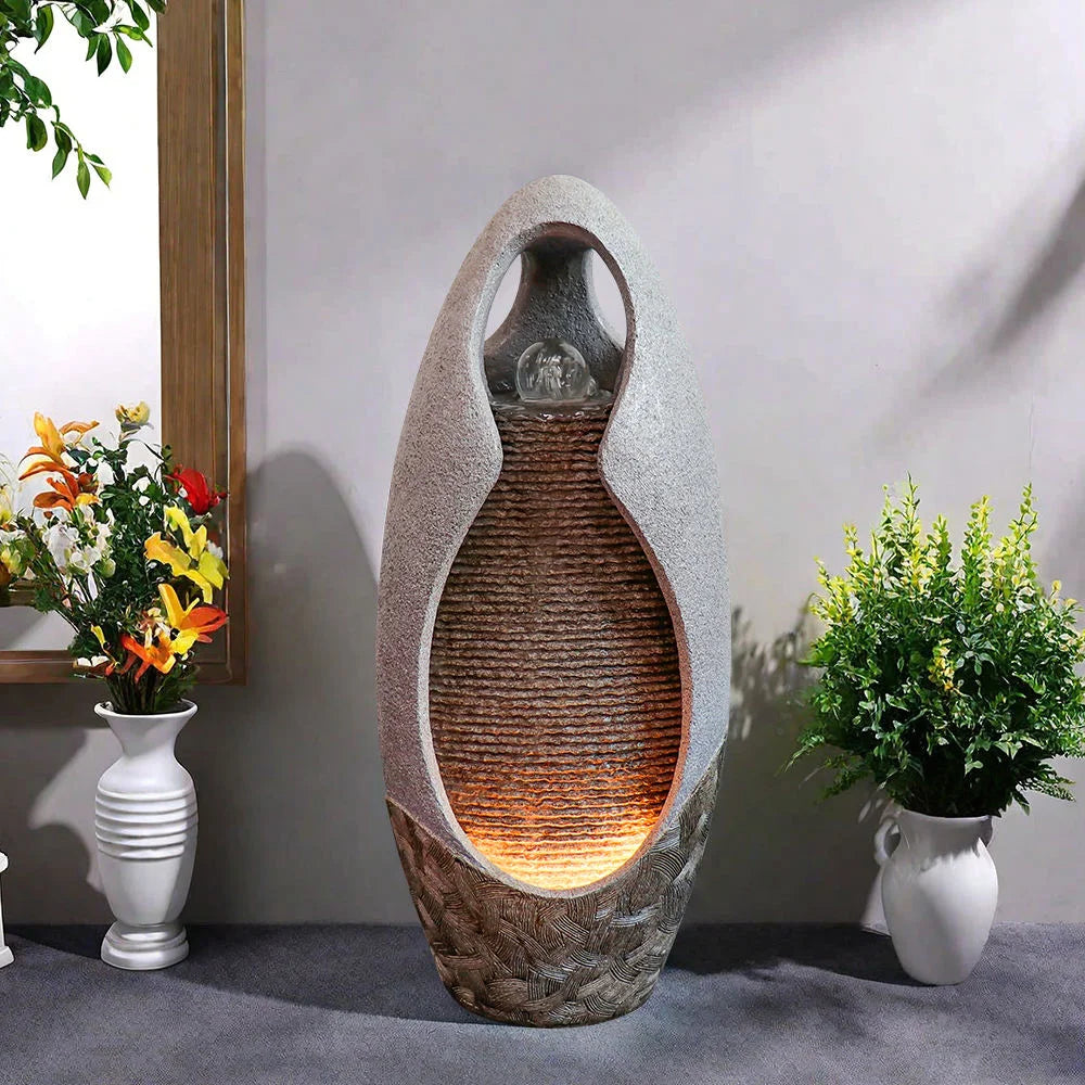 Illuminated Hand-painted Resin Statue Fountain Artistic Irregular Design Textured Detail Living Room Decorative Zen Water