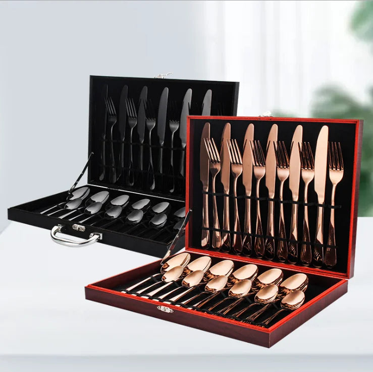 24PCS  Knife Spoon Fork Set Gold Cutlery Stainless Steel Flatware Sets Cutlery Set With Box