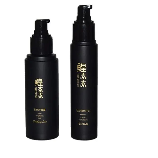 Luxury Cosmetic Container Gold Electroplated Silk Screen Printed Matt Black Skincare Packaging PET Lotion Bottle Pump Sprayer