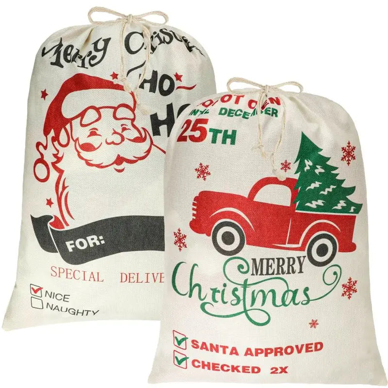 Large Drawstring Jute Santa Sack Bags for Santa Claus Christmas Holiday Party Decorations