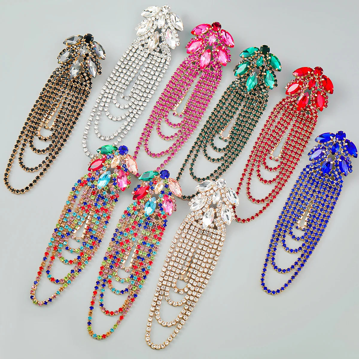 2025 New Arrival  8 Colors Exaggerated Alloy studded Flower Chain Tassel Earrings Women Vintage Leaf Bridal Long Stone Earrings