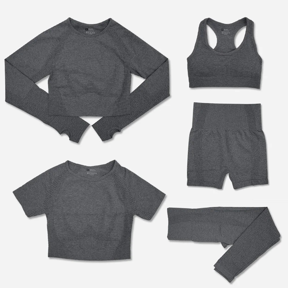 Women's New 5-Piece Seamless Yoga Gym Outfit Plus Size Fitness Sports Clothing with Solid Color for Yoga and Gym