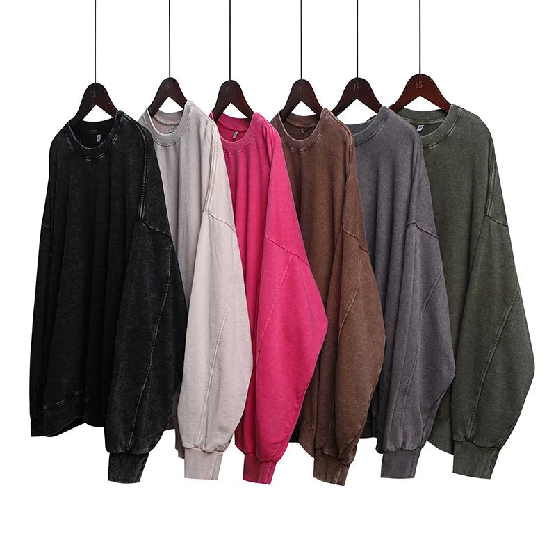 350GSM Blank Custom Acid Wash Hoodie Heavyweight Sweatshirts High Quality Vintage Washed Crew Neck Hoodie