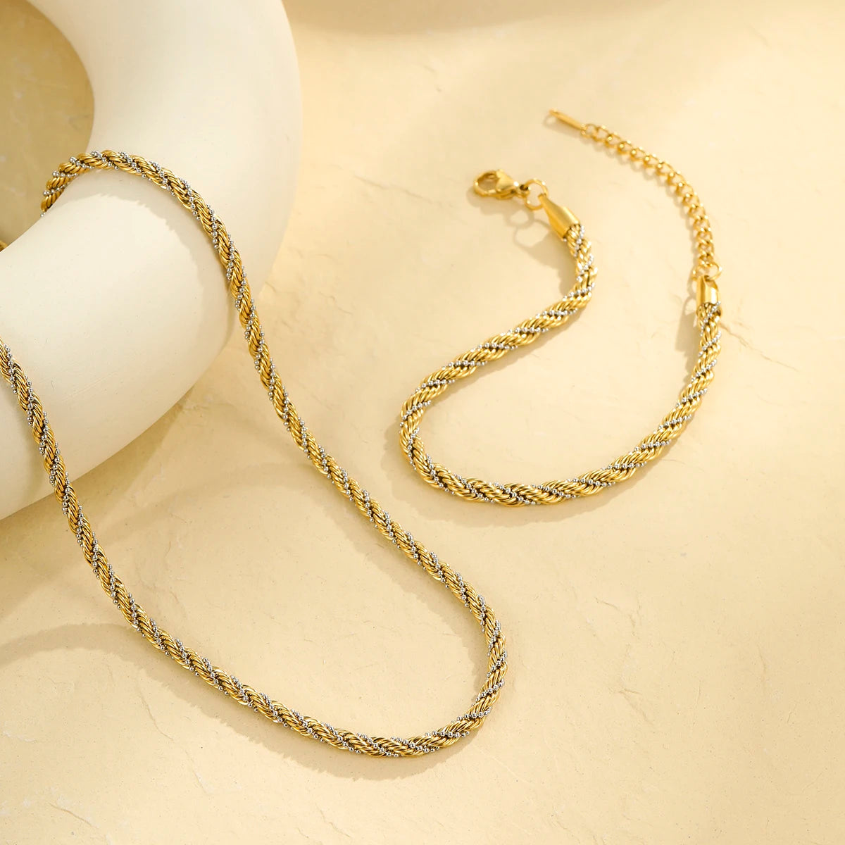 Women's Stylish Simple Twist Two Chains Gold and Silver Stainless Steel Chain Necklace Bracelet for Women