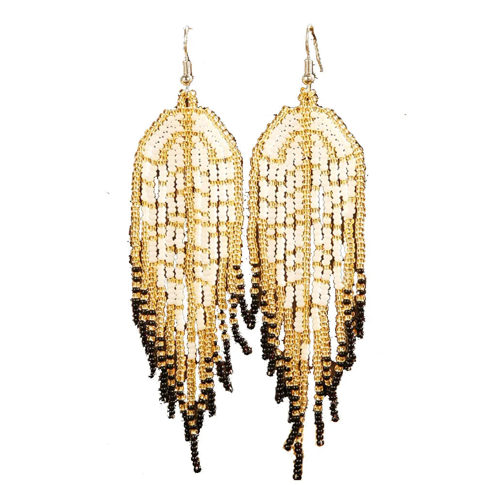 Handmade Boho Bohemian Long Glass Rice Seed Beads Beaded Fun Dangle Earring Jewelry Earrings for Women