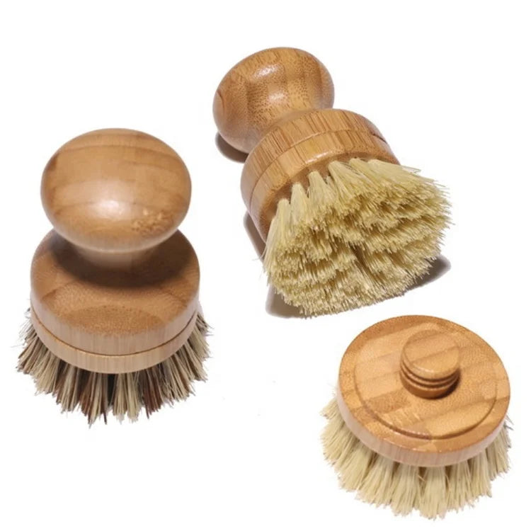Oem Natural Detergent Sisal Palm Fiber Removable Bamboo Pot Dish Scrubber Wood Brush Kitchen
