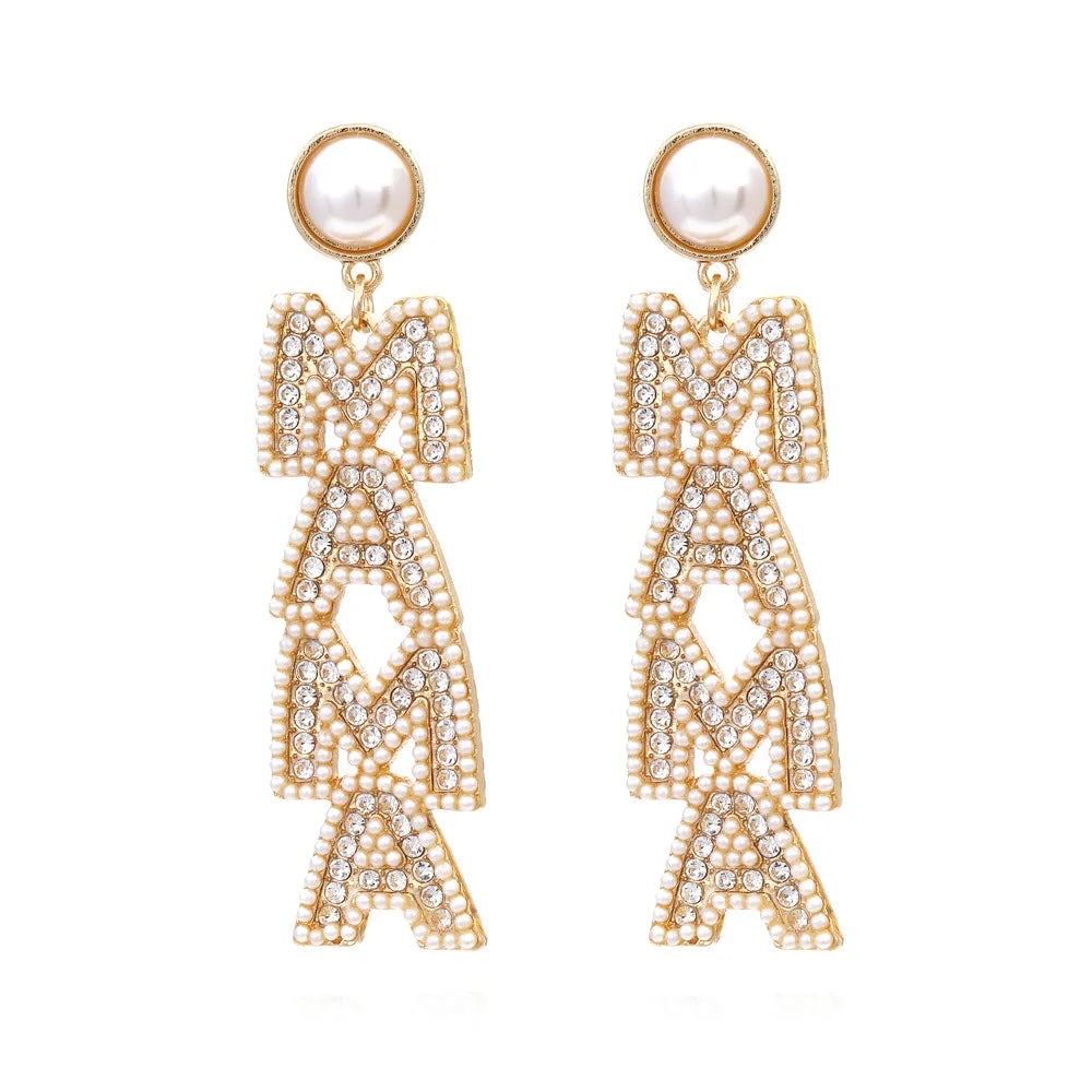 Popular Hot Sale Statement Jewelry Long Pearl Bead Diamante Mama Letter Earring for Mom