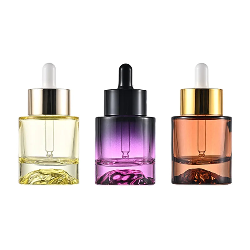 Luxury flat shoulder thick bottom clear gradient color glass bottle refillable serum essential oil skincare 30ml dropper bottle