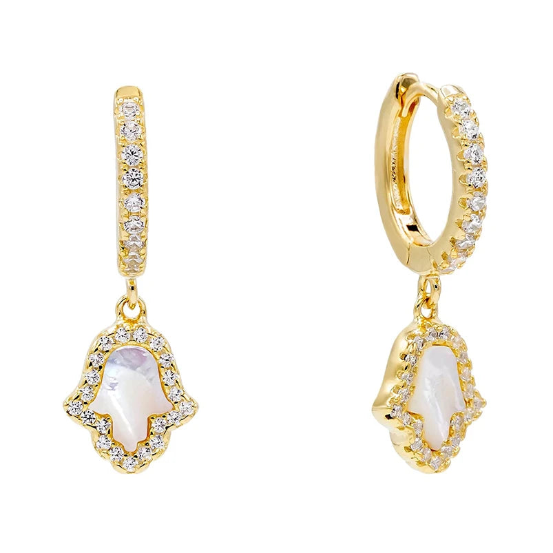Gemnel Solid Recycled Sterling Silver 18k Gold Mother of Pearl Hamsa Diamond Huggie Earrings