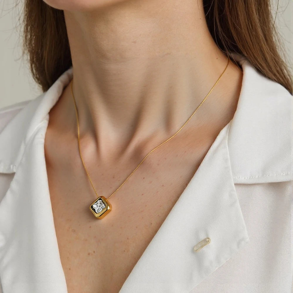 Cute Stainless Steel Plate 18k Gold Square Colorful Zircon Pendant Necklace Accessories Gift Jewelry