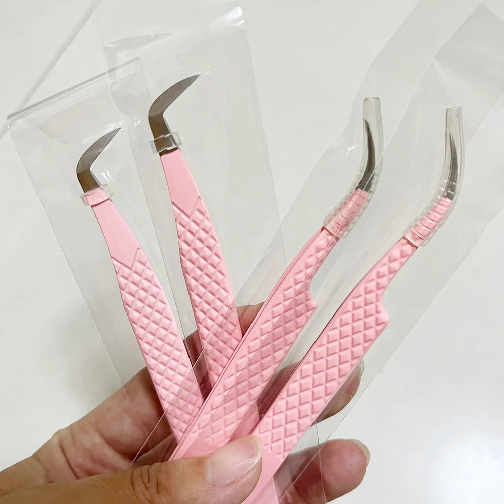 New Arrival Custom Lash Tweezers QC Eyelash Extensions Curved Tweezers 90 Degree Private Label Volume Lashes Fiber Tip Tweezers