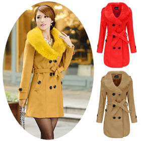Womens Black Trench Coats Korean Fur Collar Woolen Jacket Grey Belted Peacoat Plush Outerwear Camel Overcoat Wool Coat