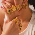 New Gold Stainless Steel Plated With 18k Gold Inlaid Turquoise Open Custom Rings Jewelry Flower Butterfly Ring