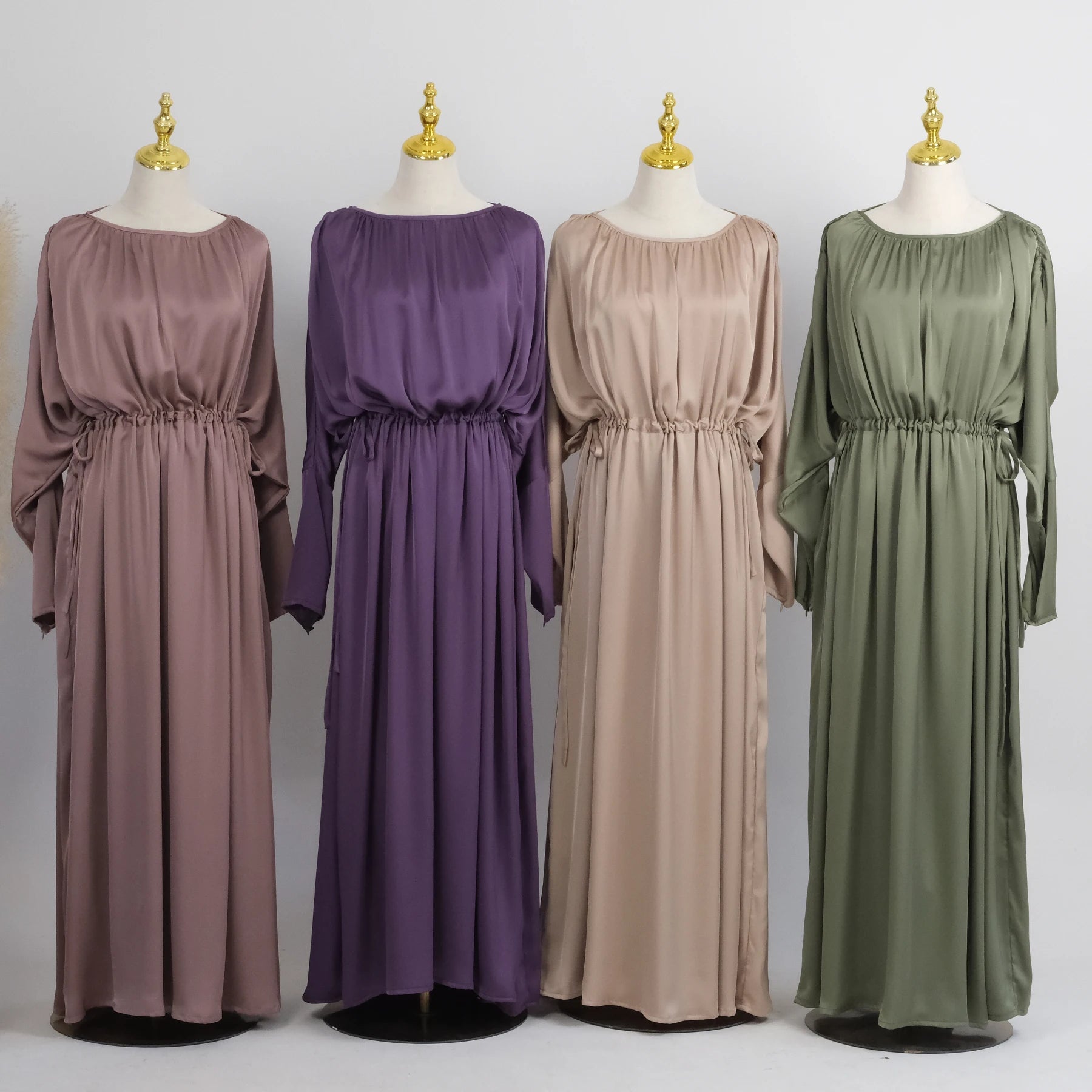 2023 Loriya New Design Islamic Clothing Satin Dubai Abaya Muslim Dress Pleated Adjusted Drawstring Women Modest Dress