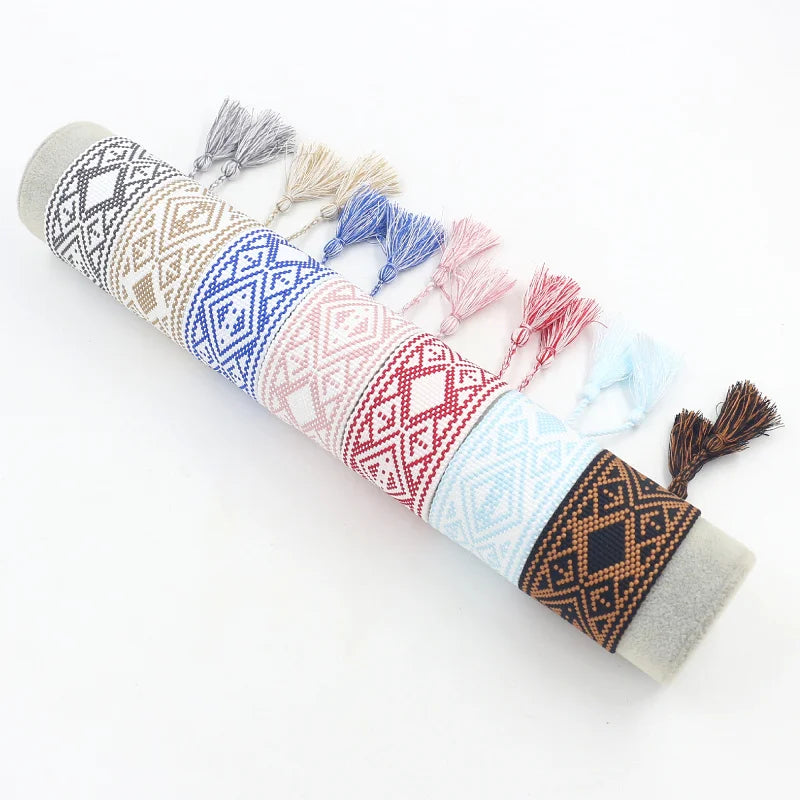 1.5 Inch Width 100% Polyester Geometric Jacquard Weaving Strap with Tassel Wrap Bracelet
