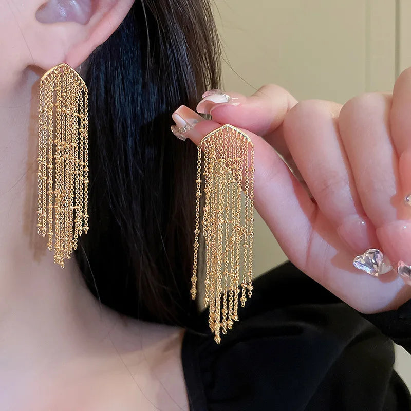 Vintage Elegant S925 Silver Needle Earrings Long Earrings Gold Plated Tassel Earrings for Women