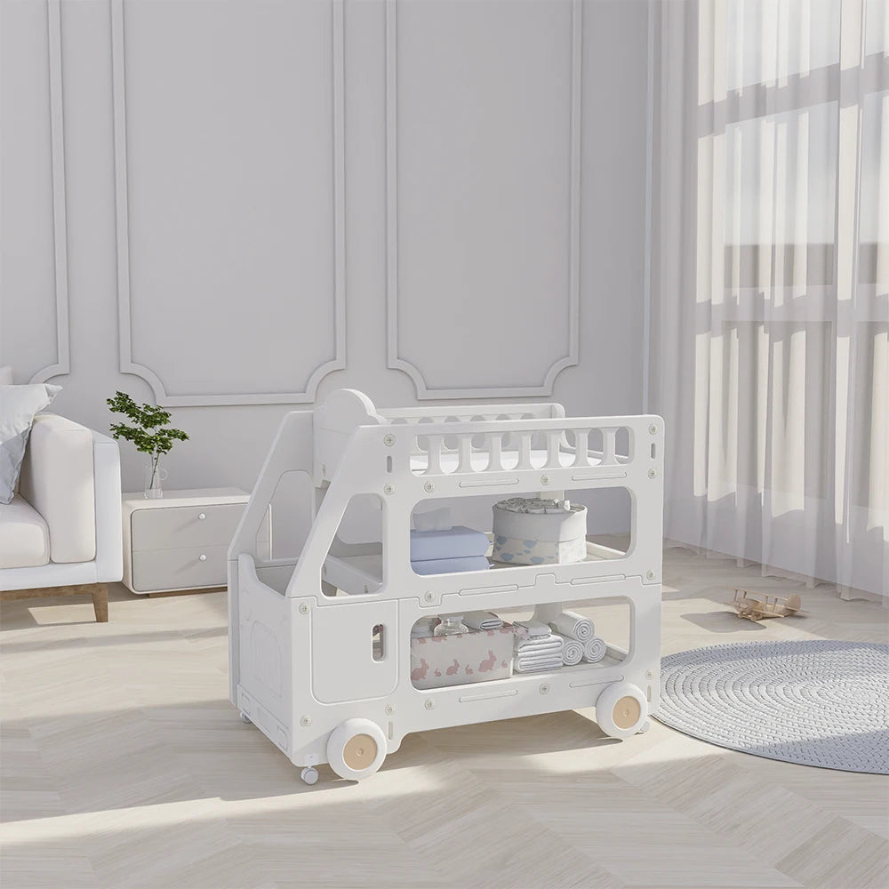 White Car Shape 3 Tier Kids Storage Cart HDPE Rolling Toy Organizer Universal Wheels for Playroom CPC Certified