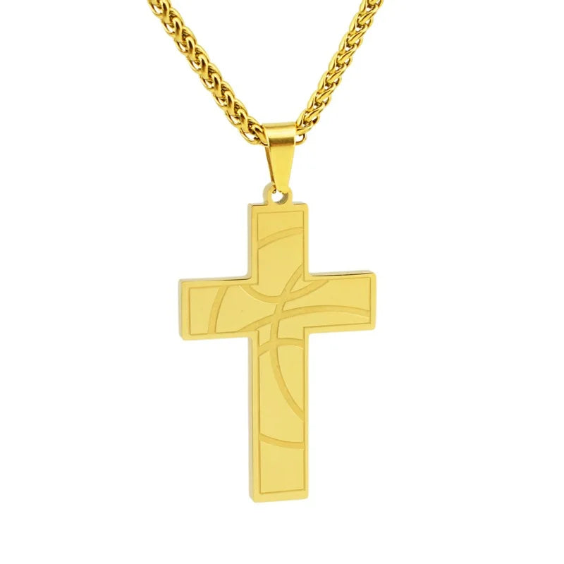 Eternal Punk Charm Stainless Steel Basketball Big Cross 18K Gold Plated Pendant Joker Necklace Unisex Gift
