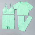 ActiveWear 4-Piece Set New Seamless High Support U-NECK Plaid Pattern Sport Yoga Bra Fitness Leggings 8-Color Short Sleeve Gym