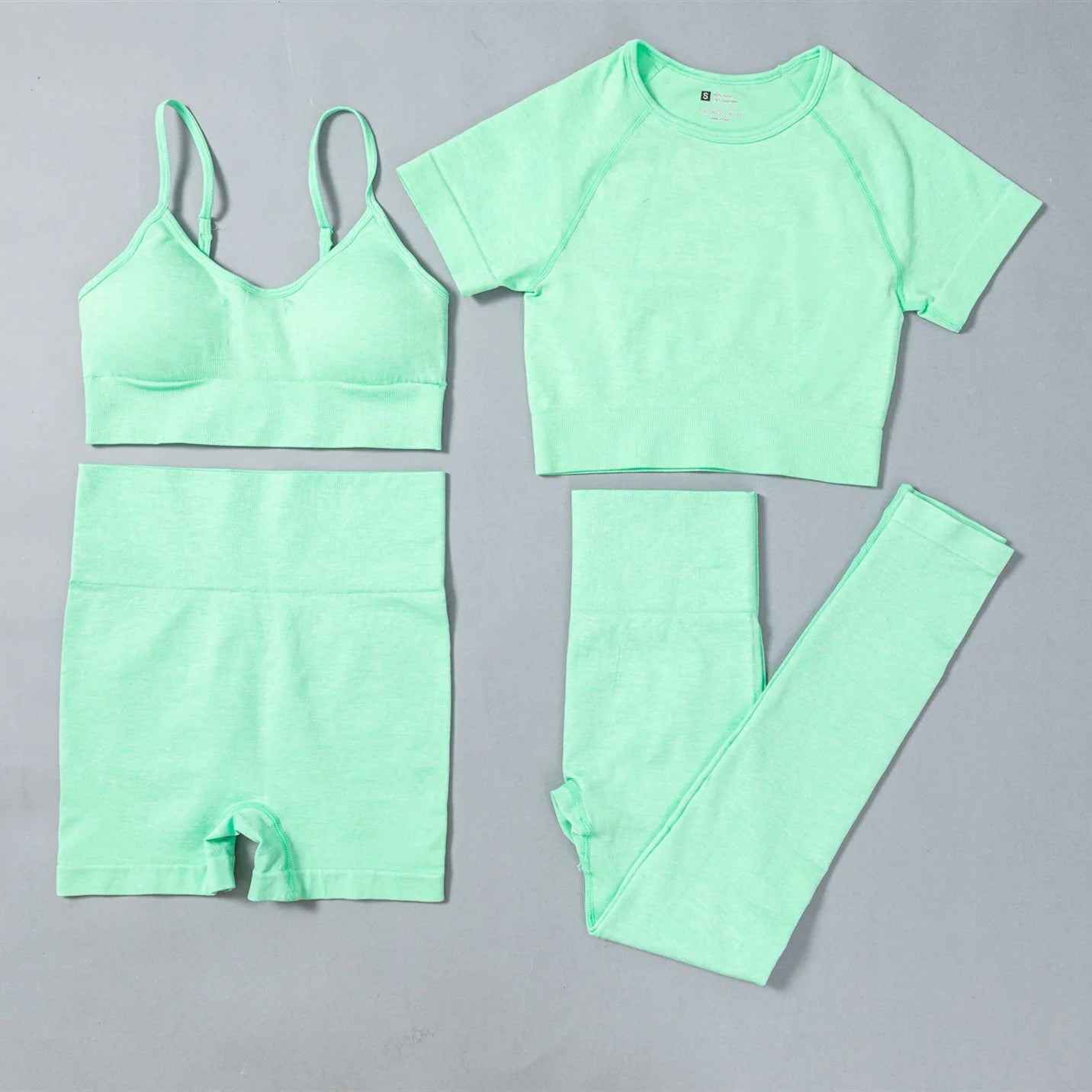 ActiveWear 4-Piece Set New Seamless High Support U-NECK Plaid Pattern Sport Yoga Bra Fitness Leggings 8-Color Short Sleeve Gym