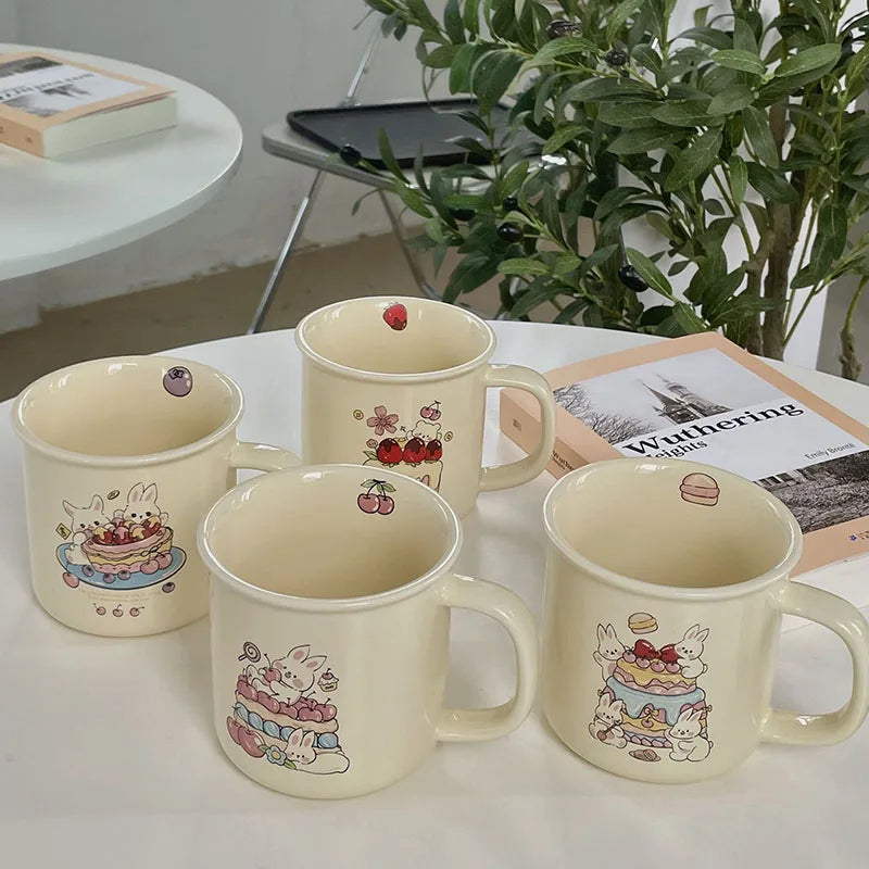 Korean Ins Cream Cartoon Illustration Cake Rabbit Ceramic Mug High Value Coffee Cup