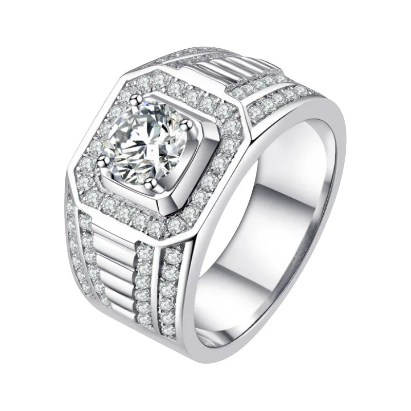 Simulated Cz Luxury Men's Ring Fashion Trend Sterling Silver Rhodium Plated Pave Setting Inlaid Zircon Stone Jewelry