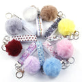Printed Saffiano Leather Wristlet Keychain customizable Luxury PU Leather Keychain with Pompom Bulk