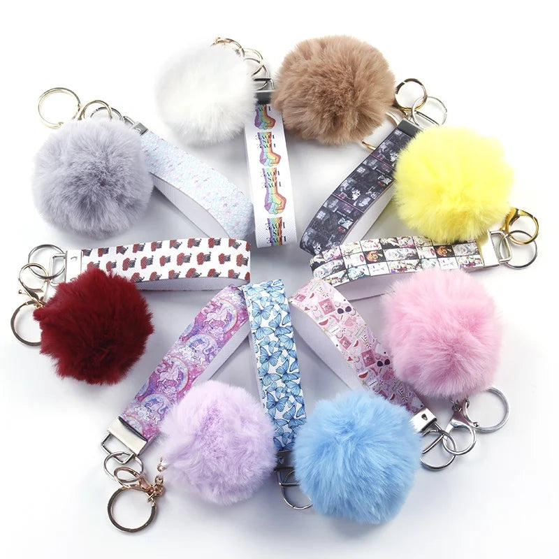 Printed Saffiano Leather Wristlet Keychain customizable Luxury PU Leather Keychain with Pompom Bulk