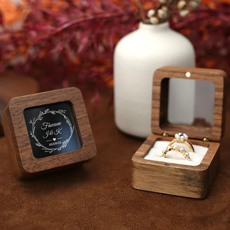 Free Custom Name Walnut Wooden Ring Box Personalized Wedding Anniversary Gift Walnut Wood Engagement Wedding Rings Box Gift
