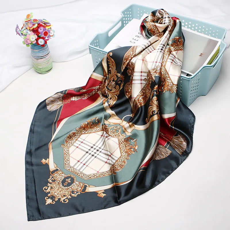 2020 90X90 Square Green Scarves Hijab Printed Islamic Women Malaysia Satin Silk Scarf