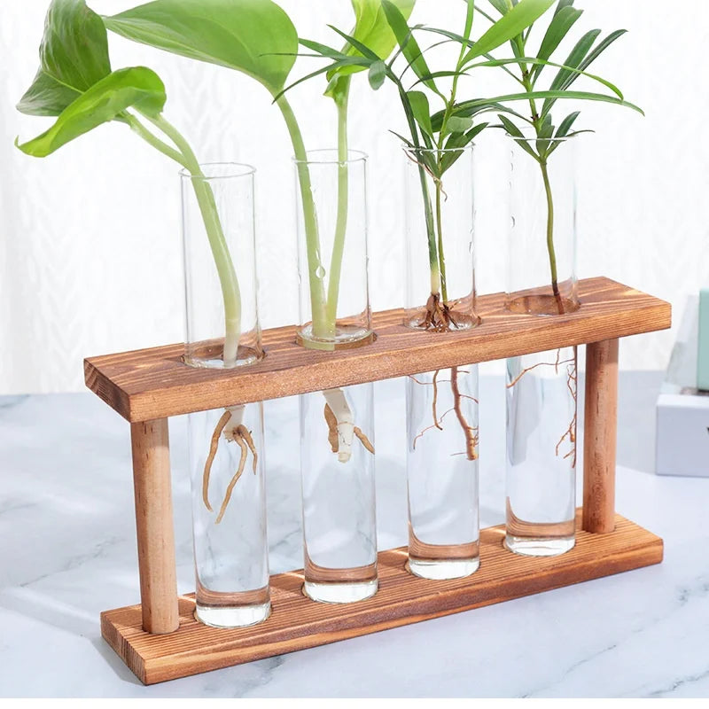 Scandinavian Wooden Frame Hydroponic Container Glass Test Tube Vase Dried Flower Home Decoration Table Vase
