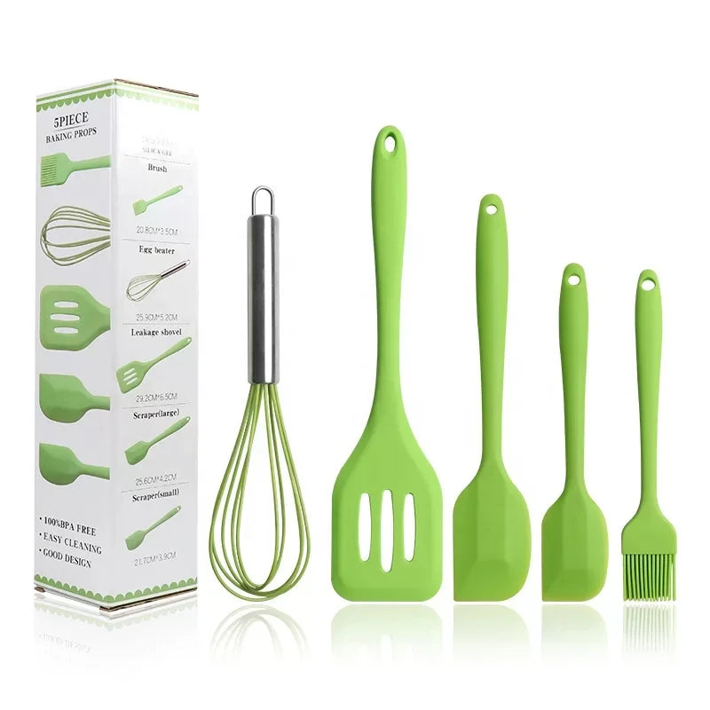 5 Piece Eco-Friendly Multi-Functional Baking & Pastry Spatula Set with Egg Whisk and Basting Brush for Kitchen Use