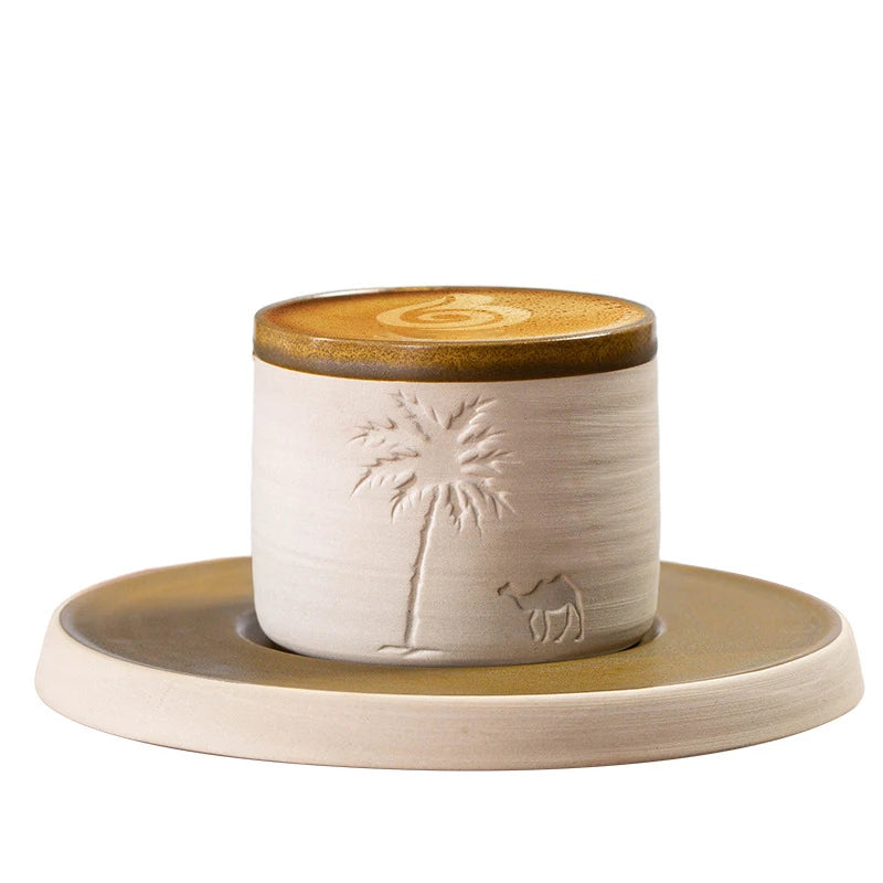 Arabic Coarse Pottery No Handle Drinking Water Cup Middle East Porcelain Espresso Cup Coconut Palm Tree Ceramic Coffee Mug