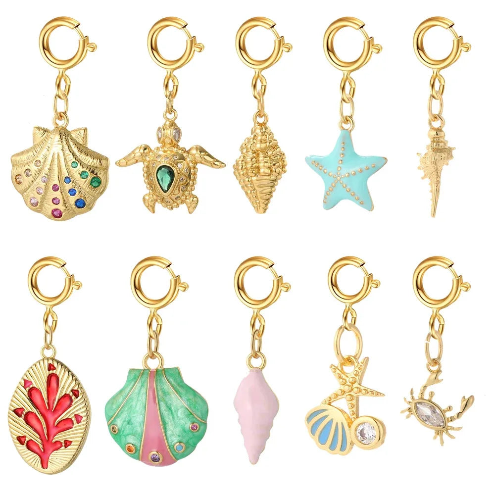Bohemian Style Stainless Steel DIY Pendant Necklace 18K Gold Cowrie Shell Sea Turtle Starfish Crab Pendant Zircon Stone Cute
